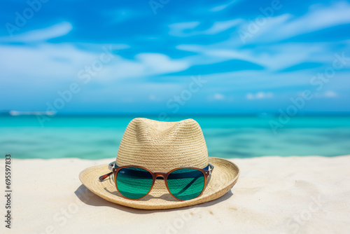 Straw hat and sunglasses lying on a beach. A concept of relaxing Caribbean vacation near the ocean