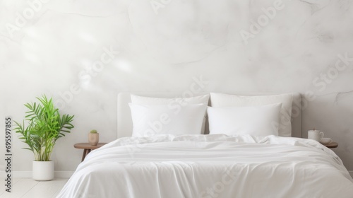 comfortable clean white bed with duvet and soft sheets in bright room with pillows