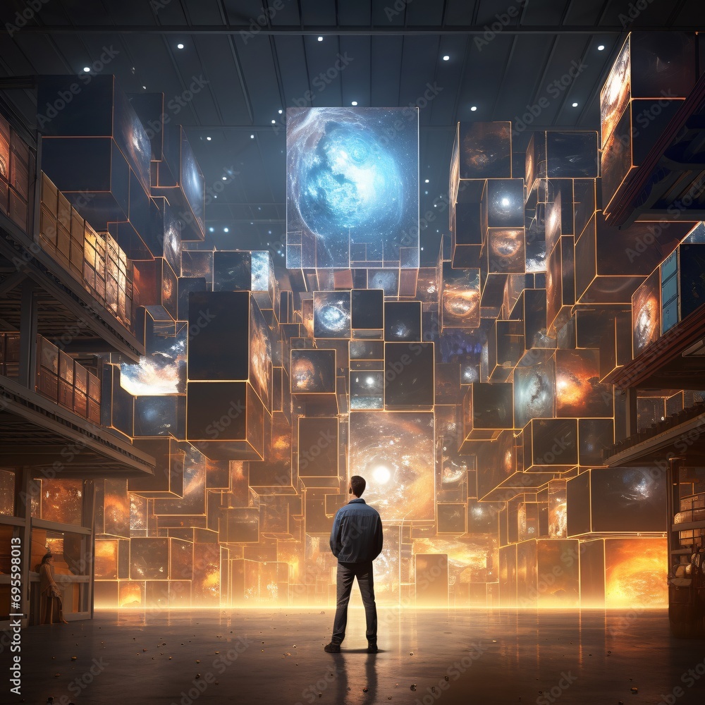A Man in a Blue Jacket Standing in a Room with a Huge Painting of the Universe Generative AI A Man in a Blue Jacket Standing in a Room with a Huge Painting of the Universe Generative AI