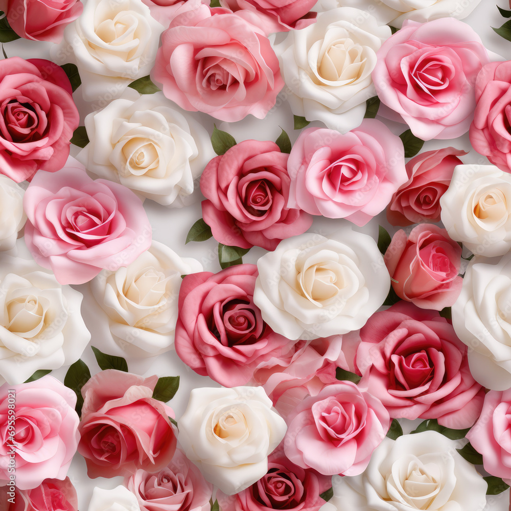 Flowers composition. Seamless pattern made of pink and white roses on white Flowers composition. Seamless pattern made of pink and white roses on white