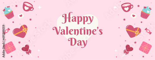 Valentine’s day banner, background. Happy Valentine’s day. Colorful vector illustration with love elements. Gifts, chocolate, cupcake, hearts.