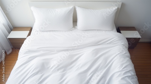 comfortable clean white bed with duvet and soft sheets in bright room with pillows photo