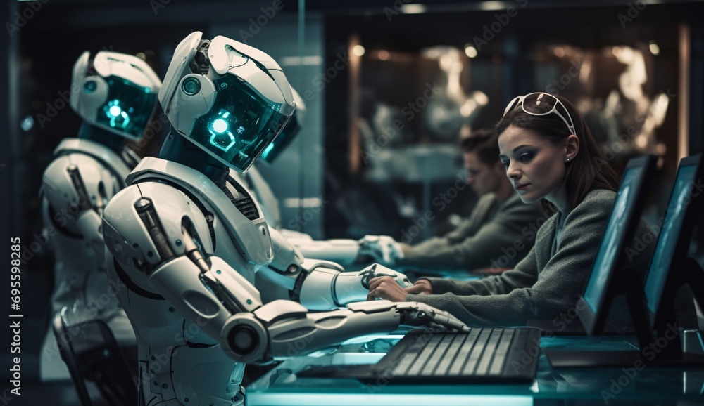 A woman interacting with a robot in a futuristic setting Generative AI A woman interacting with a robot in a futuristic setting Generative AI