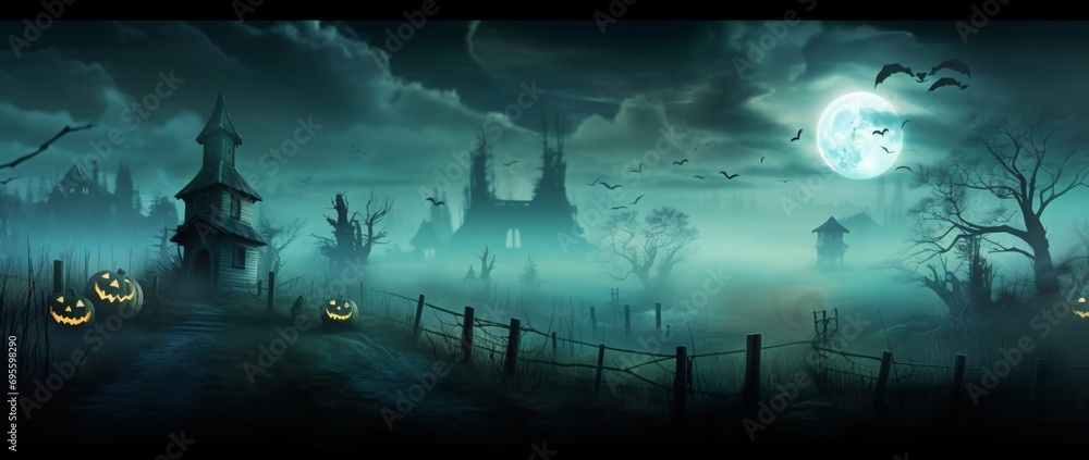 Fototapeta premium A Halloween Nightmare: A Foggy, Spooky Scene with a Fence and a Pumpkin Generative AI