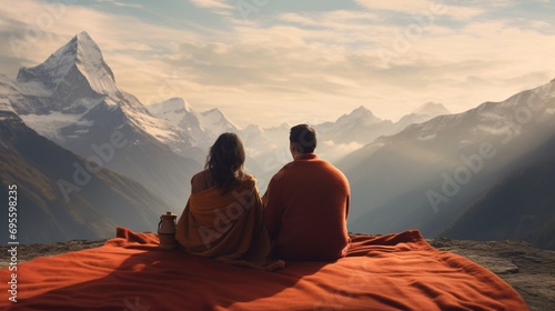 A Couple Sitting on a Blanket in the Mountains Generative AI
