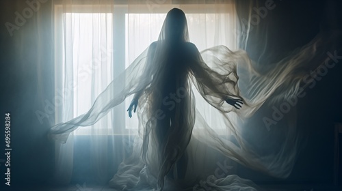 A ghostly figure in a white veil standing in front of a window Generative AI photo