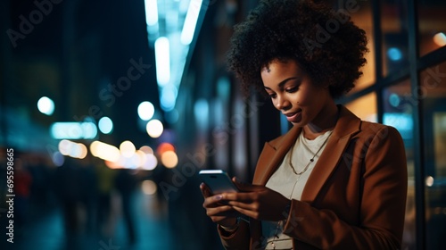 A woman looking at her phone at night Generative AI photo