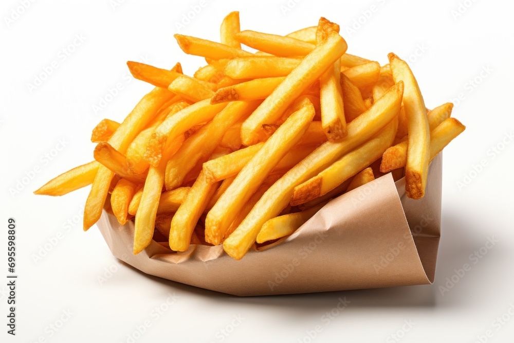 a pile of french fries sitting on top of a brown paper bag on top of a white table next to a brown paper bag with a pile of fries in it. a pile of french fries sitting on top of a brown paper bag on top of a white table next to a brown paper bag with a pile of fries in it.