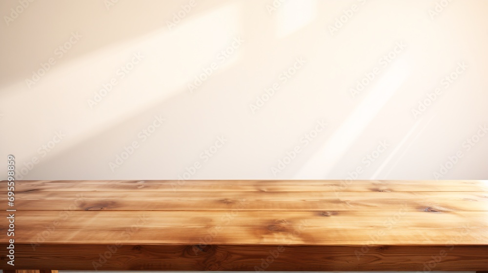 A wooden table with a natural wood grain and a white wall in the background Generative AI A wooden table with a natural wood grain and a white wall in the background Generative AI