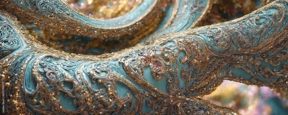 a close up of a mirror with gold and blue