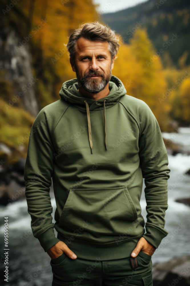 A man stands against the background of a river in the forest in a green sweatshirt A man stands against the background of a river in the forest in a green sweatshirt