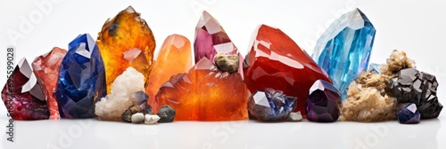 Beautiful multi-colored gemstones minerals on a white background, banner