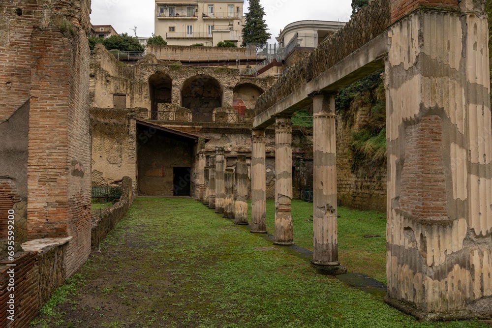 courtyard with columns in the ancient Roman city of Herculaneum courtyard with columns in the ancient Roman city of Herculaneum