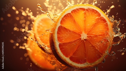  a close up of a grapefruit cut in half with water splashing on the top of the whole grapefruit.