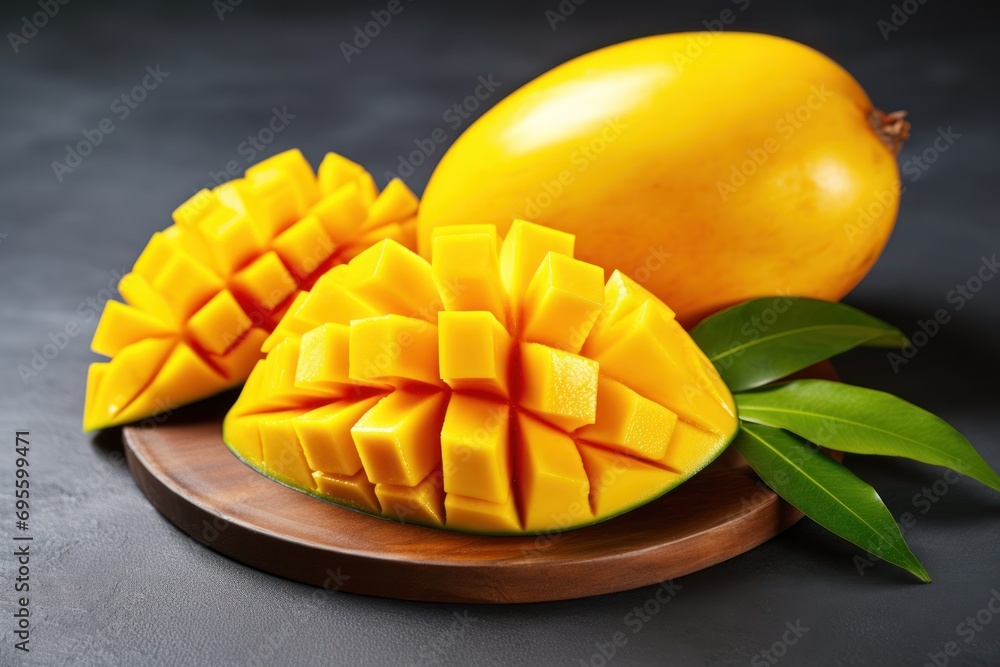 a couple of pieces of mango sitting on top of a wooden plate next to a mango on top of a wooden plate next to a mango on a black surface. a couple of pieces of mango sitting on top of a wooden plate next to a mango on top of a wooden plate next to a mango on a black surface.