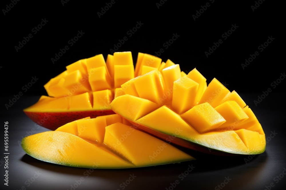 a cut in half mango sitting on top of a table next to another cut in half mango on top of a table next to each other cut in half mango. a cut in half mango sitting on top of a table next to another cut in half mango on top of a table next to each other cut in half mango.