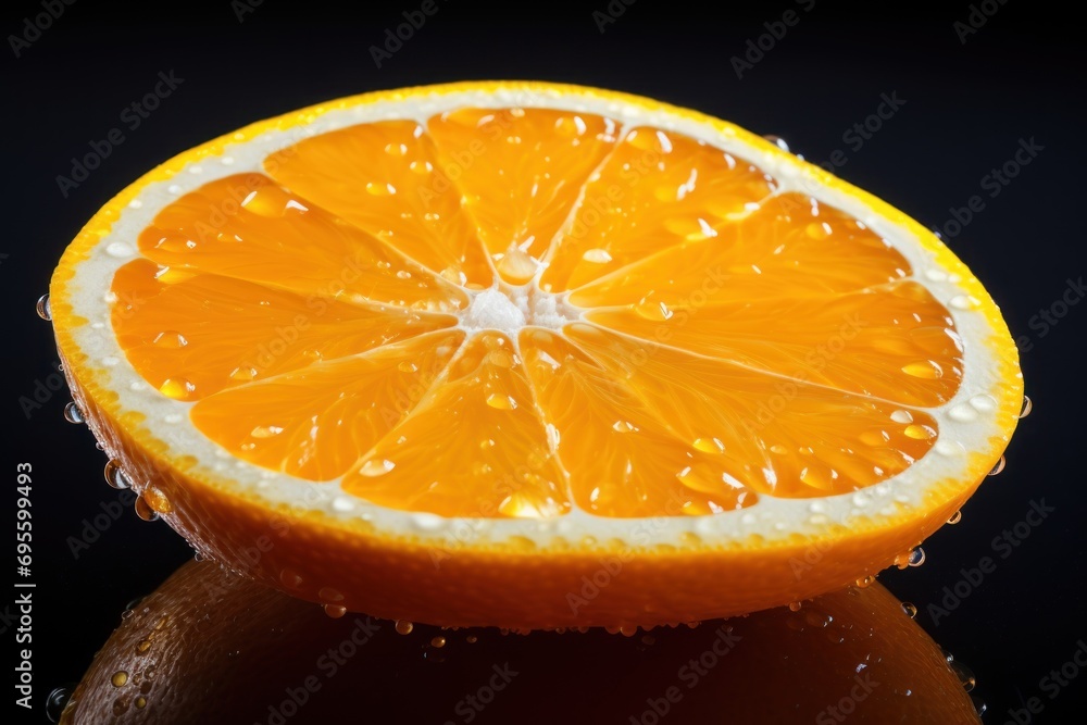 a close up of an orange slice with water droplets on it's surface, on a black background, with a reflection of the whole orange in the foreground. a close up of an orange slice with water droplets on it's surface, on a black background, with a reflection of the whole orange in the foreground.