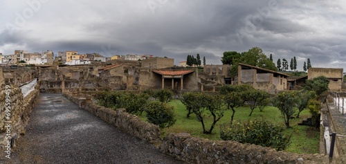 orchard and street in the excavated ancient Roman city of Herculaneum photo