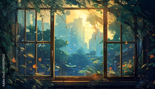 A Cityscape with a Window and a Plant Generative AI