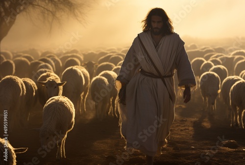 Jesus Walking Among the Sheep Generative AI photo