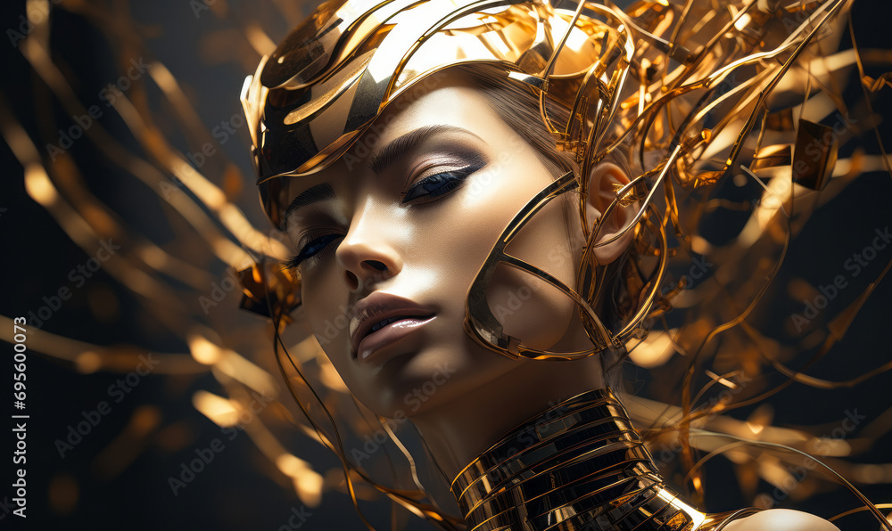 Futuristic Golden Goddess with Metallic Shards Crown, Avant-Garde Concept, High-Fashion Portrait with a Luxurious Aesthetic