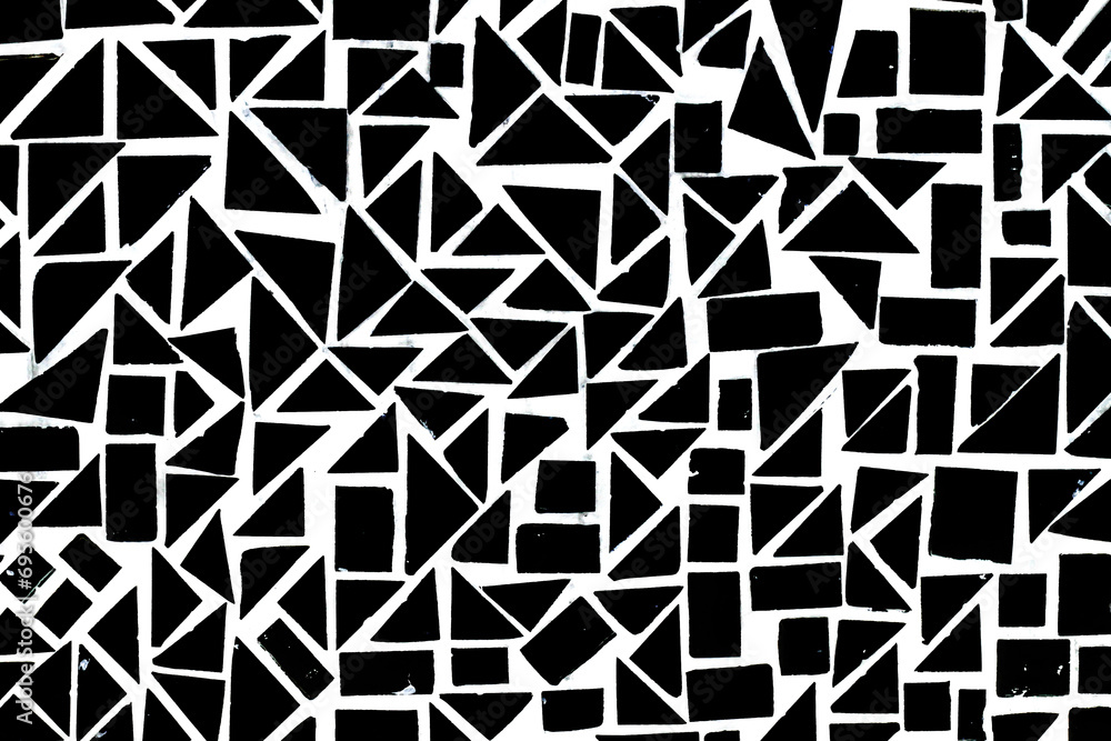 Geometric shape background. Black mosaic pieces background. Ceramic decoration texture. Puzzle look graphic design. Bright cracked texture. Ceramic tile wall. Uneven porcelain pieces.	