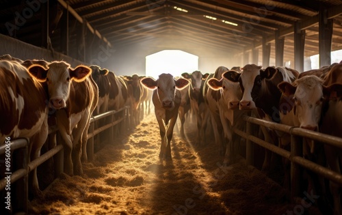 A herd of cows inside a barn during feeding