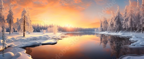 Sunset over a frozen lake Generative AI