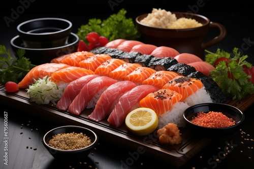  a sushi platter with various types of sushi on a wooden platter with bowls of sauces and seasonings on the side of the platter.