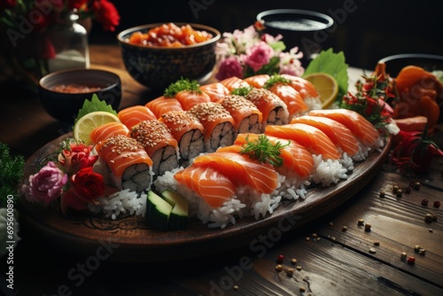 "Sushi Platter: An exquisite array of sushi rolls artfully presented, evoking the rich culture and taste of Japanese cuisine."