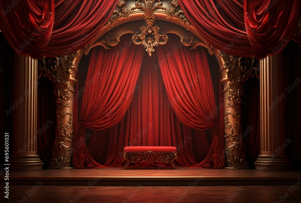 A Red Curtain in a Theater Generative AI - obrazy, fototapety, plakaty 