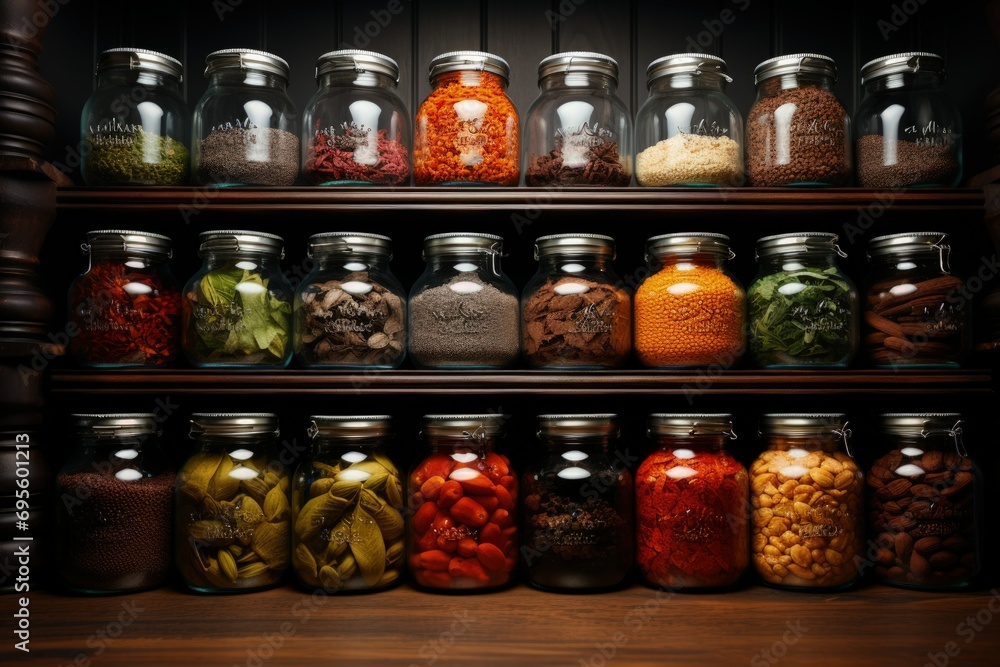 Organized spice jars on shelf, variety and order, conveys culinary art and the essence of flavor. Organized spice jars on shelf, variety and order, conveys culinary art and the essence of flavor.