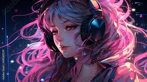 A girl wearing headphones and a blue shirt Generative AI