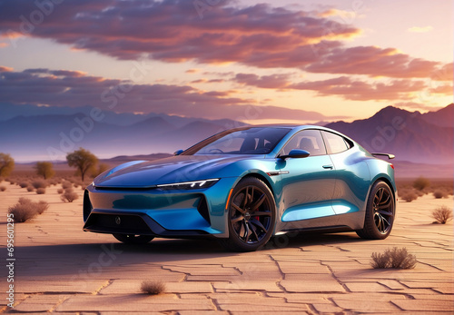 a modern sports car against a desert backdrop
