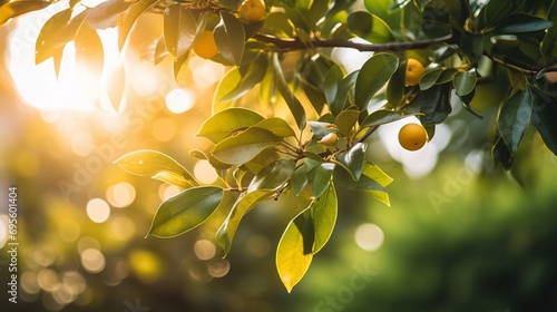 Sunlight shining through the leaves of a fruit tree Generative AI