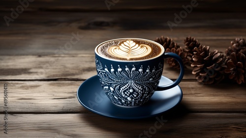 A decorative coffee cup with a leaf design on a wooden table Generative AI