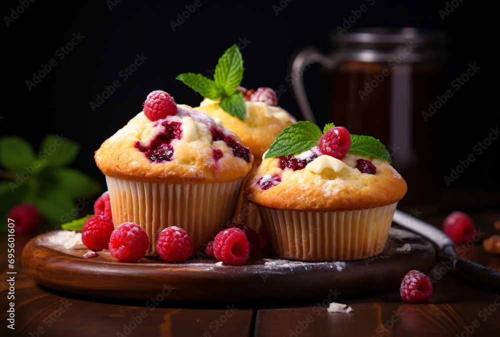 Two Raspberry Muffins with Mint Leaves Generative AI
