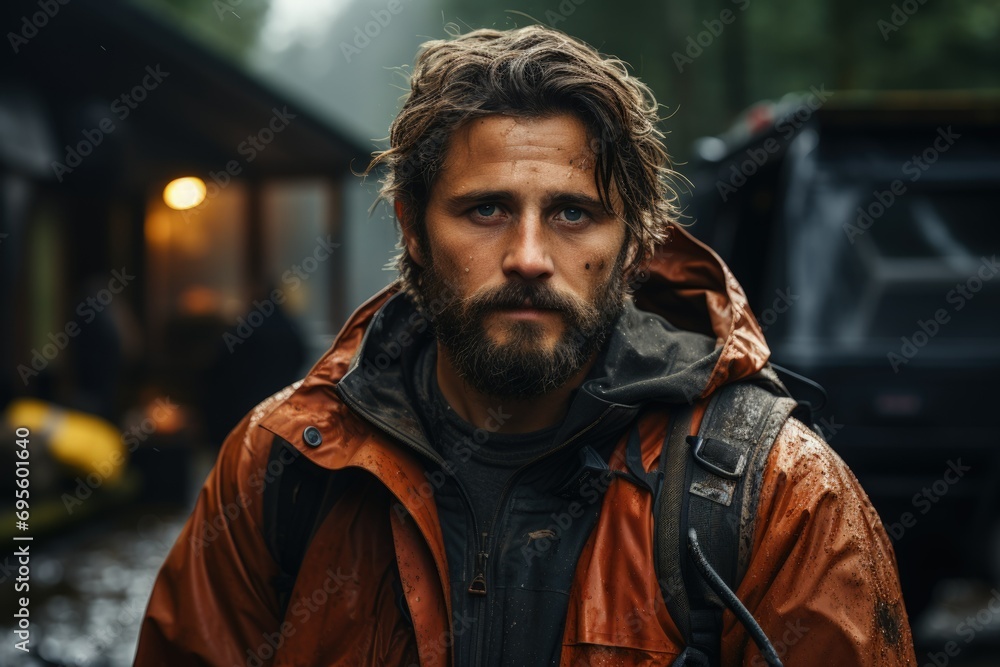 Thoughtful Man in Rain: Soaked man in orange jacket exudes a contemplative and rugged outdoorsman spirit. Thoughtful Man in Rain: Soaked man in orange jacket exudes a contemplative and rugged outdoorsman spirit.