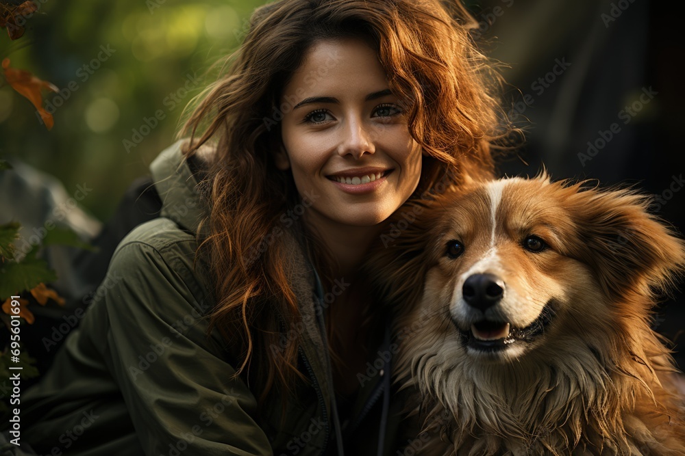 Woman with Dog in Autumn: Warm smiles and shared joy reflect companionship between a happy woman and her loyal dog.
