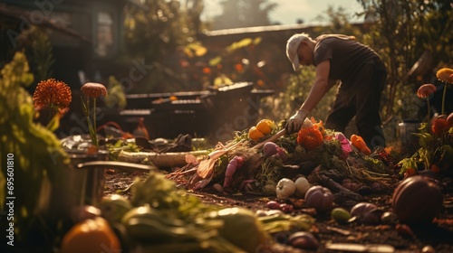 A man wearing a hat and gloves, working on a pile of vegetables in a garden. Generative AI