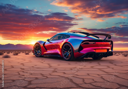 a modern sports car against a desert backdrop