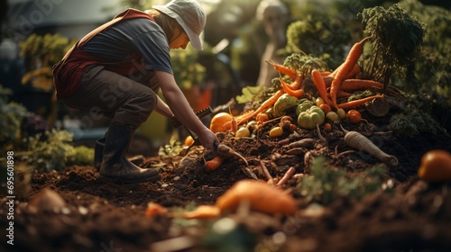A person wearing a hat and holding a shovel, surrounded by a variety of vegetables, including carrots, oranges, and broccoli. Generative AI
