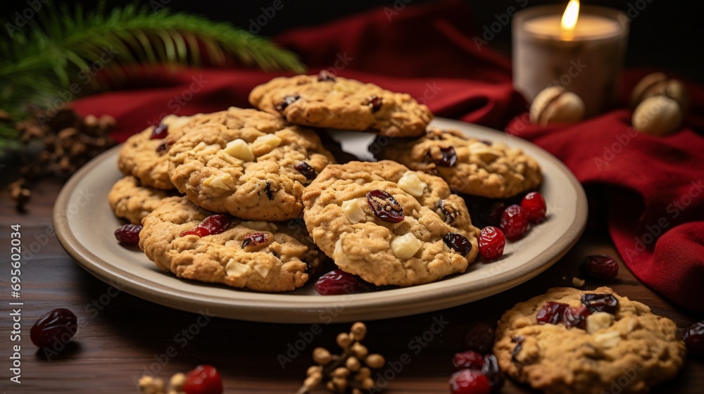 A plate of delicious cookies with chocolate chips and raisins Generative AI