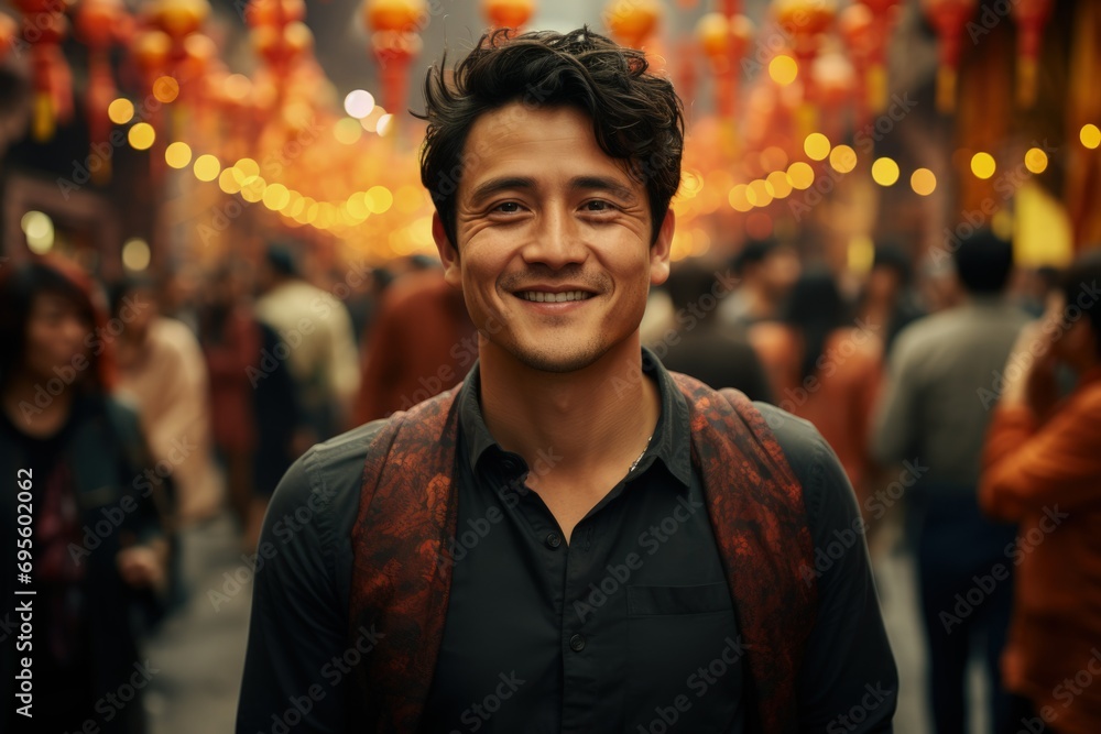Obraz premium Festive Smiles Amidst Lanterns: Cheerful man enjoying a lantern festival, warm lights illuminating his joyful expression, embodying cultural celebration.