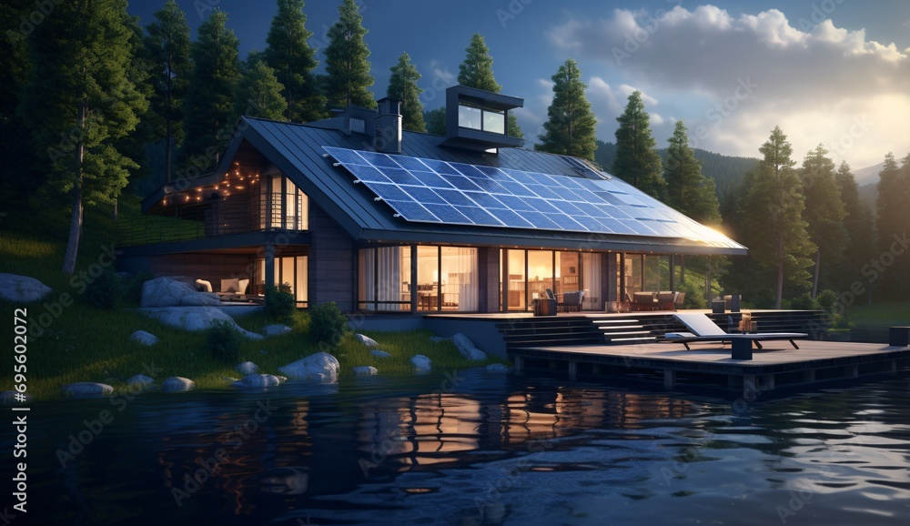 A beautiful house on the waterfront with a dock and a boat Generative AI A beautiful house on the waterfront with a dock and a boat Generative AI