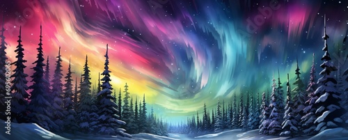 A vibrant, colorful, and luminous night sky with a hint of purple, pink, and blue hues, as seen through the branches of a snow-covered pine tree. Generative AI