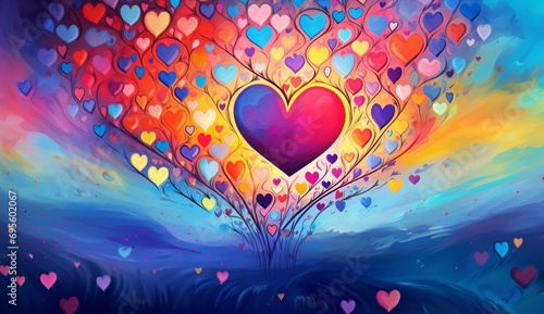 A vibrant and colorful heart-shaped tree filled with hearts Generative AI