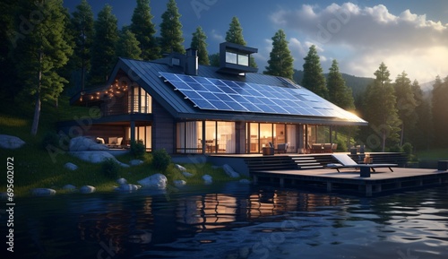 A beautiful house on the waterfront with a dock and a boat Generative AI