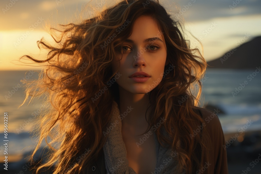 Sunset Muse: A woman at the beach during golden hour, her wind-swept hair and dreamy gaze capturing the wild beauty of the setting sun. Sunset Muse: A woman at the beach during golden hour, her wind-swept hair and dreamy gaze capturing the wild beauty of the setting sun.