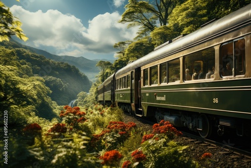 Scenic Train Journey: A train travels through a lush landscape, its journey framed by vibrant flowers and verdant trees under a bright sky.